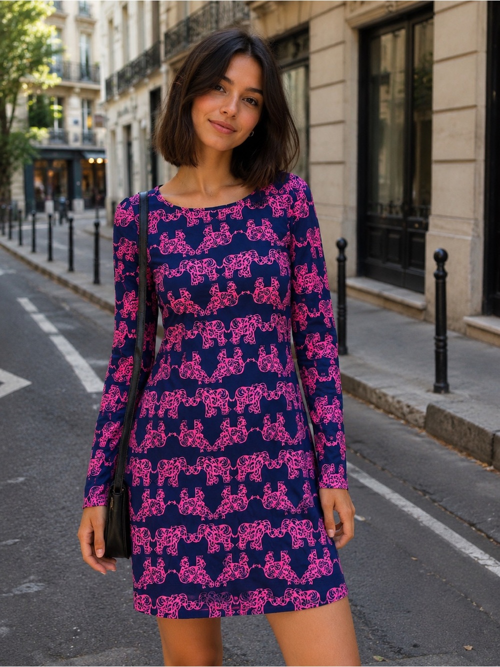 XXS - LILLY PULITZER - Navy & Hot Pink Printed Elephant Long-Sleeve Shift Dress